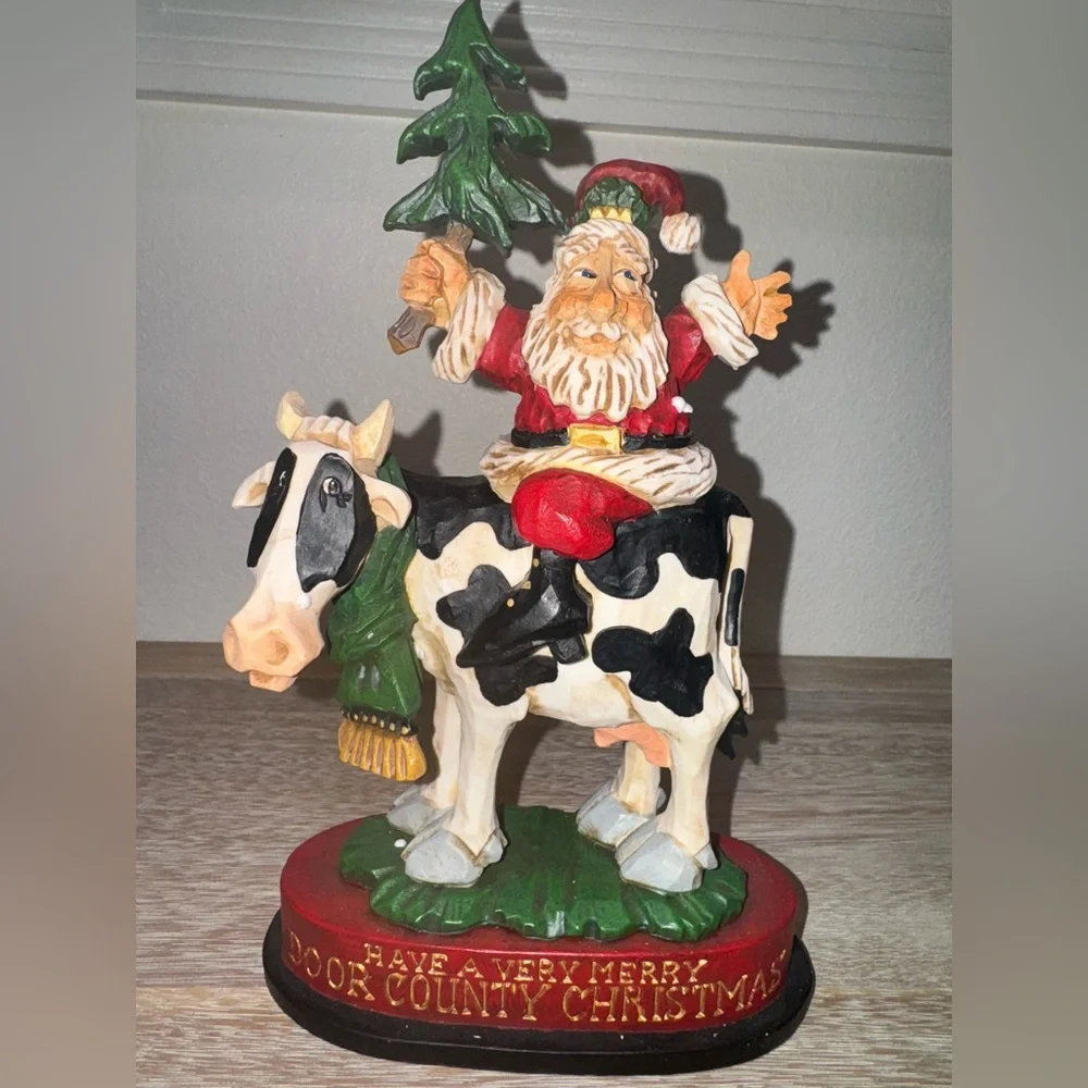 Vintage David Frykman Santa On Holstein Tree Riding Cow Sculpture Figurine